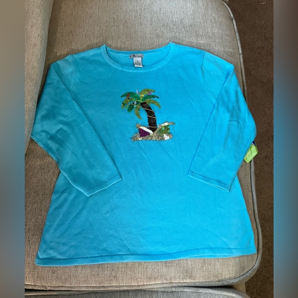 CB career blue palm tree Christmas top - Picture 2 of 7